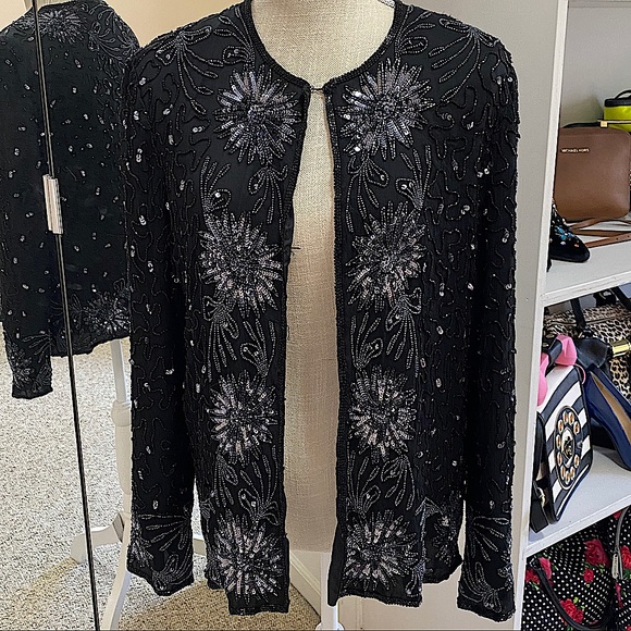 Vintage Silk Beaded Evening Jacket Sz Medium sequin 90s 80s Black - Picture 2 of 10